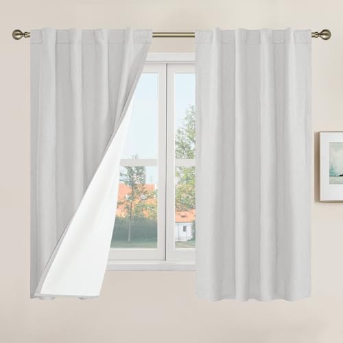 LAMIT Short Window Linen Curtains 48 Inch Length 2 Panels, Light Grey