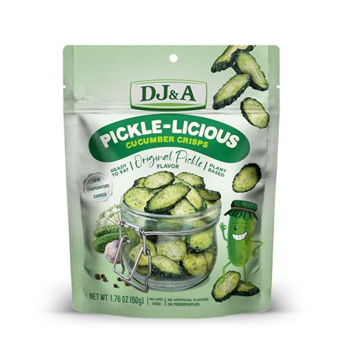 DJ&A Pickle‑Licious Crispy Pickle Chips – Crunchy Dill Pickle Snack, Vegan, Non‑GMO, Gluten‑Free, Low‑Calorie Cucumber Crisps – Healthy Plant‑Based Snack (1 Count, Dill Pickle)