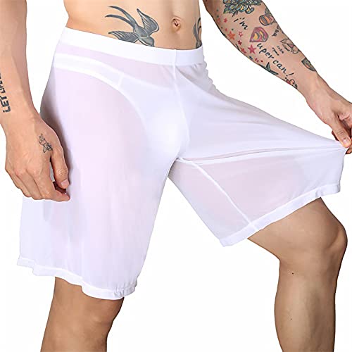 Agoky Boxer Homme sous-vêtements Sexy Transparent Short Bermudas Cordon Shorts De Bain Pantalon Court Sport Pantacourt Casual Panties Swimming M-XXL Blanc C XL