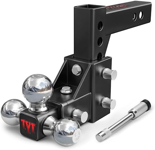 TYT Adjustable Trailer Hitch Tri-Ball Mount Assembly, Fits 2" Receiver,5" Rise/Drop Hitch, Heavy Duty Truck Hitch Ball Mount, with 1-7/8'',2'' and 2-5/16'' Chrome Hitch Ball, 10000 LBS GTW