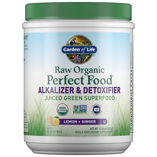 Garden of Life Raw Organic Perfect Food Alkalizer & Detoxifier Juiced Greens Superfood Powder - Lemon Ginger, 30 Servings - Non-GMO, Gluten Free Whole Food Dietary Supplement, Plus Probiotics