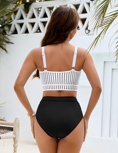 Image of BMJL Women's High Waisted Bikini Sets Sporty Two Piece Swimsuits Color Block Tummy Control Modest Bathing Suit