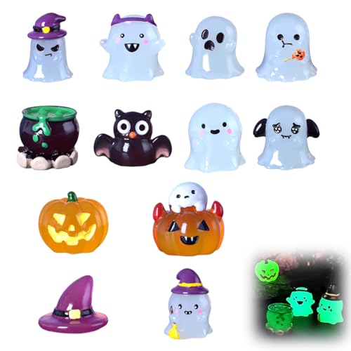 LONZIKP 12 peças miniaturas luminosas que brilham no escuro, figuras de resina para se esconder, bonecos adoráveis e decorações de Halloween, pequenas abóboras para acompanhamentos de festa
