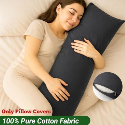 Image of 100% Cotton 600 TC Body Pillow Cover - Ultra Soft & Breathable Long Pillowcase | Zipper Closure | 20 inchx54 inch | Grey | Ideal for Pregnancy, Side Sleepers & Full Body Support