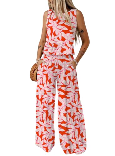 Image of Dokotoo Pants Sets Women 2 Piece Outfits Sleeveless Round Neck Tank Tops Matching Sets for Women Elastic Waist Wide Leg