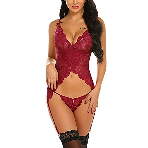 Sous-vêtements de nuit rouges en dentelle et string pour soirée romantique - 2