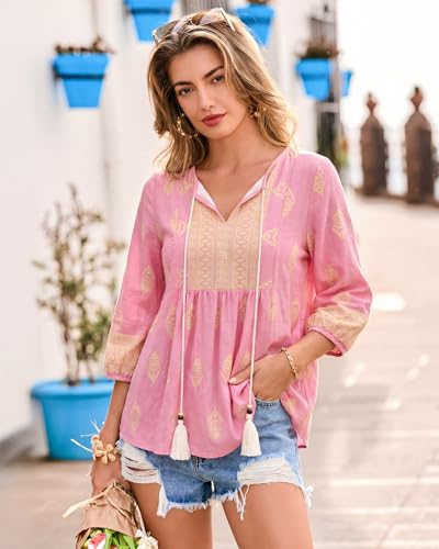 Image of Vivilli Womens Summer Boho Babydoll Tops 3 /4 Sleeve Pleated Peplum Blouses Casual V Neck Tie Front 2026 Tunic Tops