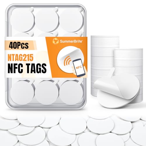 Image of 40 Pcs NFC Tags NTAG215 Blank NFC Cards Stickers, Rewritable Programmable NFC 215 Chip NFC Coins with Adhesive Back, 504 Bytes Memory, Compatible with TagMo and NFC Enabled Devices