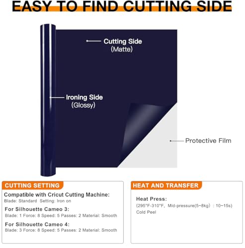 Image of HTVRONT HTV Vinyl Rolls Heat Transfer Vinyl - 12 inch x 8ft Dark Blue HTV Vinyl for Shirts, Iron on Vinyl for All Cutter Machine - Easy to Cut & Weed for Heat Transfer Design (Dark Blue)