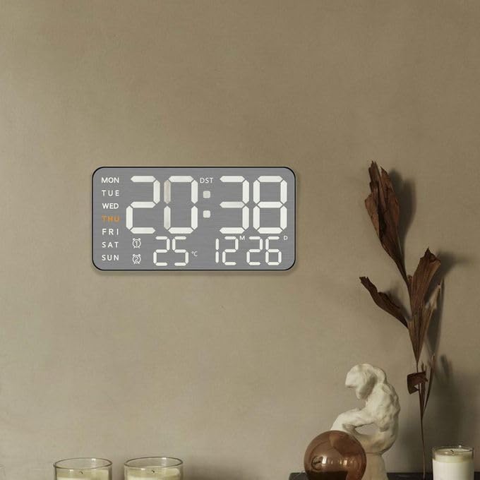 Image of 15-Inch Digital Wall Clock with Large LED Display - Remote Control, Auto-Dimming, Night Light, Date, Day, Temperature, DST Function - Ideal for Living Room, Bedroom (9 inch White Lights Black Body Frame)