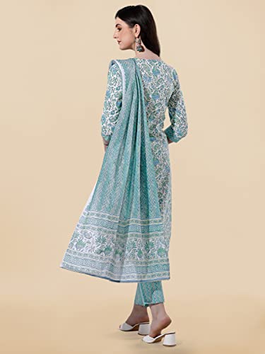 Image of MIRCHI FASHION Pure Cotton Women Straight Print & Thread Embroidery Kurti Set with Dupatta & Pant