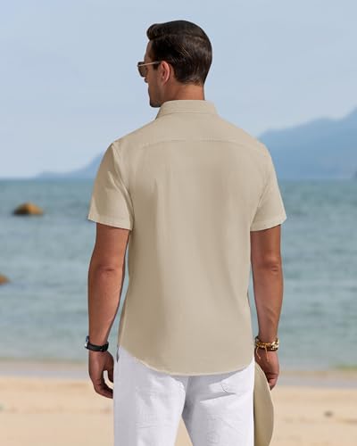 Image of J.VER Mens Linen Shirt Short Sleeve Button Down Casual Summer Shirts | Cotton Linen, Untucked, Big Tall, from Beach Camp Vacation, Cruise Fishing, Work Office, to Wedding Party Family, with Pocket