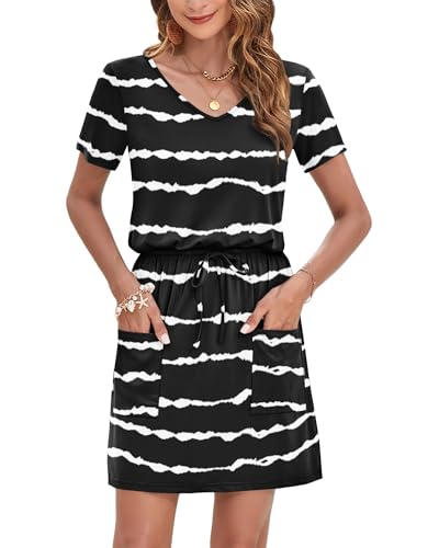 Image of AUSELILY Womens Summer Dresses 2026 Causal Short Sleeve V Neck Tie Front Mini Short Dress with Pockets