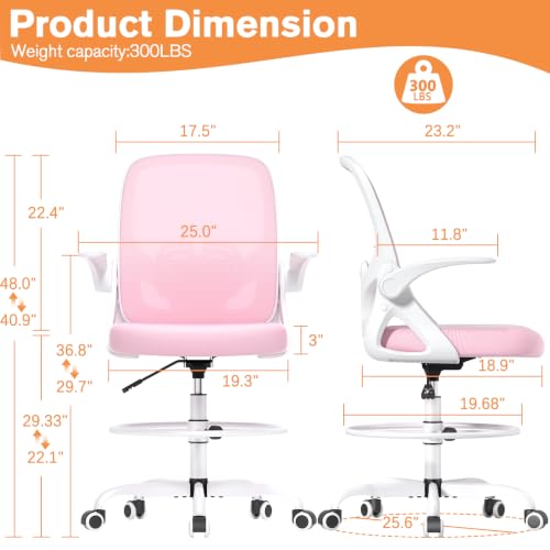 Image of ORRSAKER Drafting Chair, Tall Office Chair with Flip-up Arms, Mesh Ergonomic Computer Standing Desk Chair with Adjustable Height Foot Ring and Lumbar Support, 300 LBS Capacity, Pink