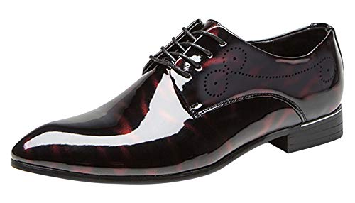 Dress Shoes Men Pointed Toe Floral Patent Leather Lace Up Oxford Fashion Formal Shoes Black Blue Red