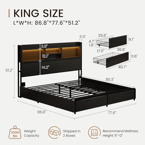 King-Storage-Bed-Frame-with-6-Drawers-USB-Charging-Station-No-Noise-No-Box-Spring-Required-Vintage-Black-Headboard-Platform-Bed