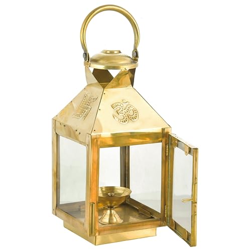 Image of Handicraft Akhand Diya With Glass Cover Brass, Akhand Diya For Home Temple Puja-Medium, Gold
