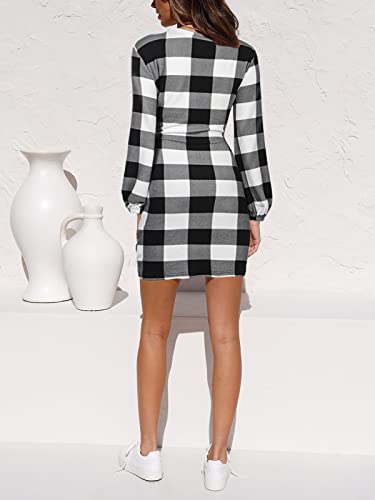 Women’s Fall Long Lantern Sleeve Ruched Side Short Dress Casual Crewneck Tummy Control Bodycon Wrap Tie Waist Mini Dresses Christmas Black And White Plaid Small #TOP2