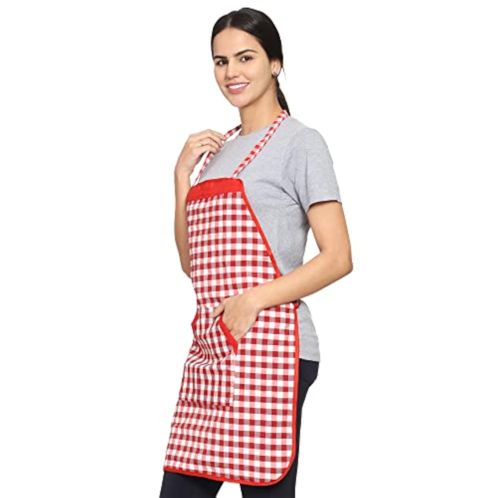 Check Cotton Fabric Cross Dual Pocket Aprons for Women