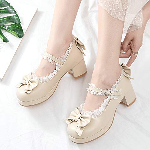 Image of LUXMAX Women Kawaii Mid Block Heel Mary Jane Rockabilly Pumps with Bow Platform Chunky Heel Cute Sweet Shoes