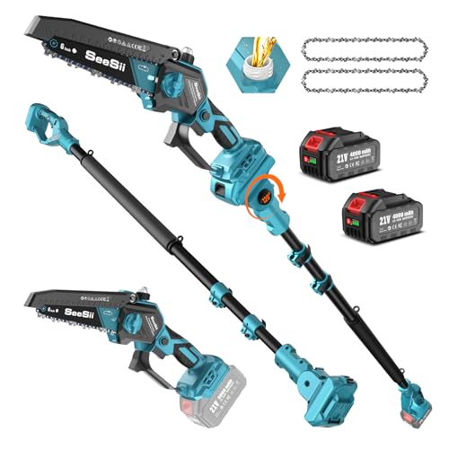 SEESII 2-in-1 Pole Saws for Tree Timming: Electric Mini Chainsaw 6 Inch Cordless, 2 x 4000mAh Batteries Tree Pruner, Brushless Chain Saw with Extension Pole for Limb Branch Cutter,16Ft Reach