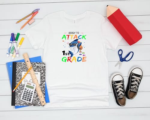 Ready to Attack First Grade #1 Kids Shirts, YS-YXL, Boys Or Girls, Shark, Great for The First Day of School Or Everyday Wear4