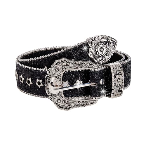 TYHOTULY Women Bling Rhinestone Belt Y2k Vintage Punk Goth Embossed Buckle Cowgirl Cowboy Western Star Belt Jeans Accessories (Black)