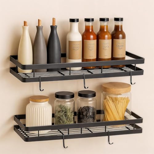 Image of Wall Mounted Spice Rack Organizer 2 Pack,Hanging Spice Seasoning Rack bathroom Shelf Holder with 5 utensils hanging hooks Organizer Storage for Kitchen Cabinet (Art Deco)
