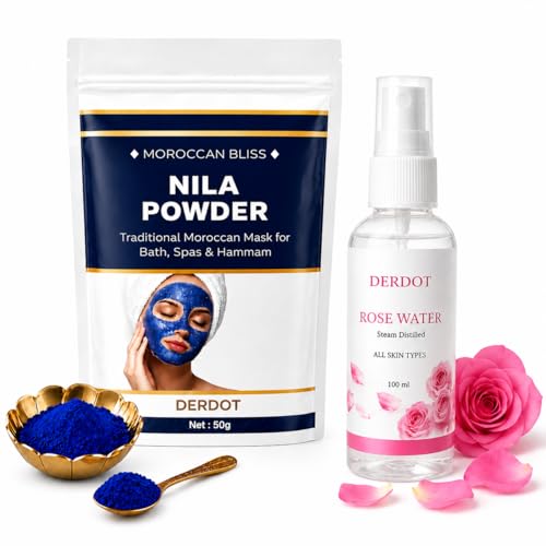 Image of Moroccan Nila Powder Blue Face Mask with Rose Water - Traditional Moroccan Hammam Spa Treatment for Face & Body - Brightening & Soothing Skin Care Set - 50g + 100ml