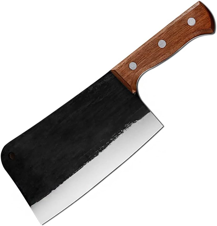 Meat Cleaver Knife, 7'' Handmade Forged Butcher Slaughter Knife Wood Handle Full Tang Boning Knife Outdoor Survival