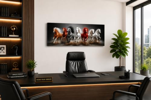 Image of 7 Horse Vastu Sunrise Canvas Painting | Positive Energy Wall Decor | Big Size Premium Running Horses Artwork for Home, Office & Hall Decoration (Modern, Sand Horse, 44x20 Inch)