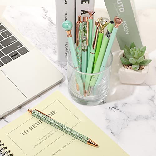 Image of Janmini Metal Crystal Glitter Ballpoint Pen Set 9 Pcs Black Ink Cute Cute Things Novelty Gifts for Women Girls Birthday Home Office (Green)