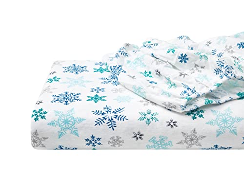 Image of Eddie Bauer - Flannel Sheets Full Size, Anti-Pilling & Wrinkle Resistant Cotton, Touchably Soft for All-Season Comfort - Bed Sheets with Matching Pillowcases & Fitted Sheet (Tossed Snowflake Blue)