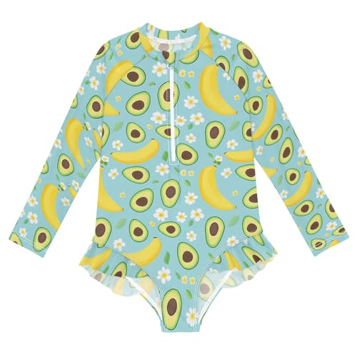 ALAZA Bathing Suits for Girls Toddler Girl Swimsuit Avocado Banana Flower Long Sleeve UPF 50+ 5-6T