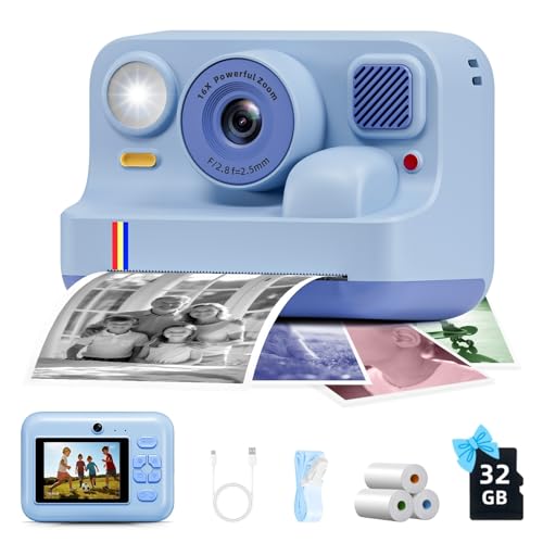 Image of Instant Print Camera for Kids, Christmas Birthday Gifts for Girls Boys Age 3-15, 1080P Selfie Portable Digital Video Camera with 32GB SD Card, 3-Colored Print Paper- Blue
