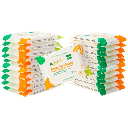 Image of ManuKind Manuka Honey Infused Baby Wipes, Ultra Gentle, 100% Bamboo Fiber, Soft Comfort for Sensitive Skin, Dermatologist Tested, Made in New Zealand, 10 Wipes x 20 Travel Pack