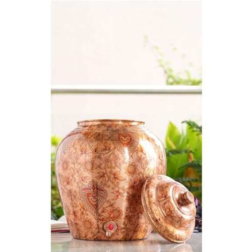 Image of Indian Art Villa Printed Leaf Design Copper Water Dispenser Pot Matka, Storage, Home Kitchen Garden, 13 LTR