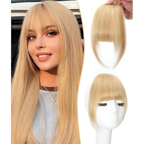 Clip in pony - pony haar clip in pony 100% echt menselijk haar extensions clip op air pony voor vrouwen pony met slapen haarstukjes gebogen pony (blonde, Franse pony)