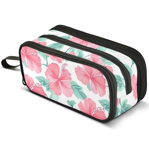 Image of ALAZA Pink Hibiscus Flower Pattern Large Pencil Case, Pen Pouch Pencil Bag with 3 Compartments Pen Holder Organizer Stationery Bag
