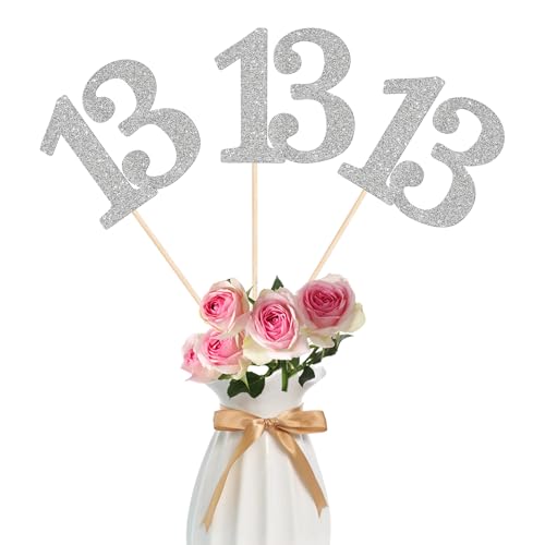 Image of 12 Pack Silver 13th Birthday Anniversary Centerpiece Sticks, Glitter 13th Birthday Party Decorations, Number 13 Table Toppers for 13th Birthday Wedding Anniversary Party Table Decorations