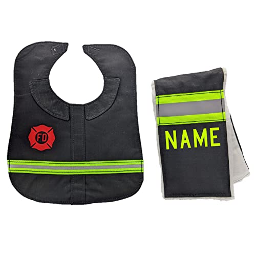 Firefighter Personalized Black Baby Burp Rag and Bib Set