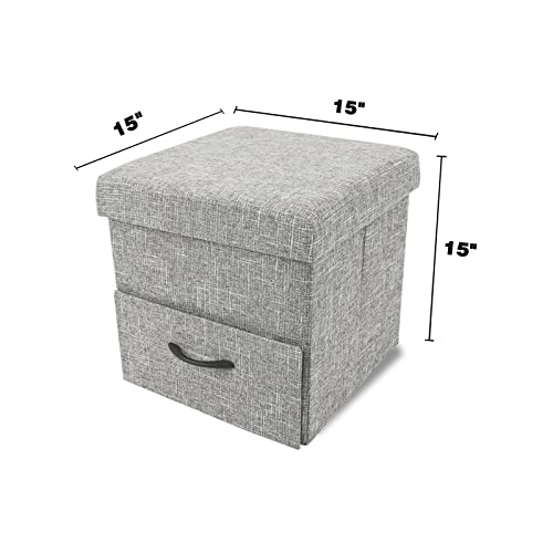 Babion Linen Folding Storage Ottoman With Side Drawers,Cube Foot Rest Stool, Foldable Storage Boxes Footrest Step Stool For Dorm Living Room, Light Grey #TOP2