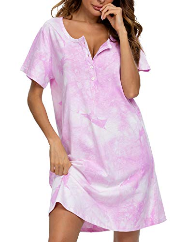 Image of ENJOYNIGHT Womens Short Sleeve Nightgown Tie Dye Nightshirt Nursing Sleepshirts Breastfeeding Sleep Dress