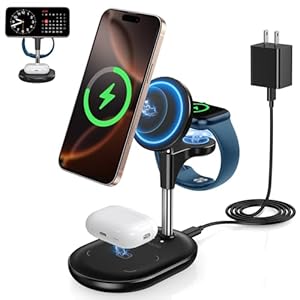 3 in 1 Wireless Charging Station for Apple MagSafe Charger, 15W Fast Qi-Certified Magnetic Mag-Safe Charger Stand for iPhone 16 15 14 13 12 Series Apple Watch AirPods, Adjustable Angle, Gifts for Men