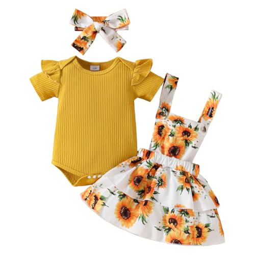 HEOXIN Conjunto de Ropa de Bebé, Kit Bebe Recién Nacido Niña Ruffle Borde Mangas Cortas Snap Botón Entrepierna Body, Girasol Tirantes Falda Lazo Diadema Conjunto Bebé, 0-3 Meses