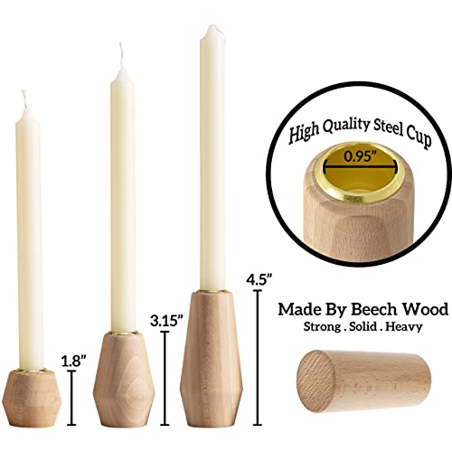 Wooden Candlestick Holders For Taper Candles Set Of 3 | Luxury Wood Candle Holders With Gold Cups And Decorative Wooden Cubes | Fireplace Candle Holder | Console Table Decoration Pieces #TOP1