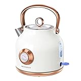 Retro Electric Kettle, 1.7L Stainless Steel Tea Kettle with Large Temperature Gauge, 1500W Fast Heating Hot Water Boiler with LED Indicator, Auto Shut-off & Boil-Dry Protection-Reteo White