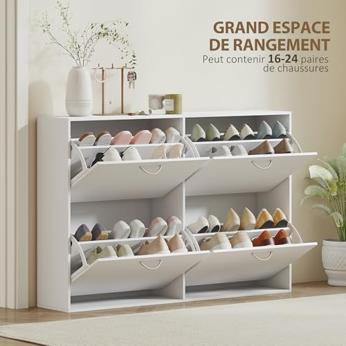 Meuble à chaussures en bois blanc HOMCOM design épuré 4 grands compartiments à clapets - 5
