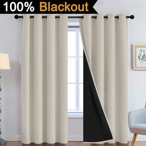 Image of Yakamok Stone Blackout Curtains 96 Inches Long for Bedroom 52 inch Wide 2 Panel | Blackout Curtain Panels for Bedroom, 2 Thick Layers Grommet Top Thermal Insulated Drapes with Black Liner for Living Room
