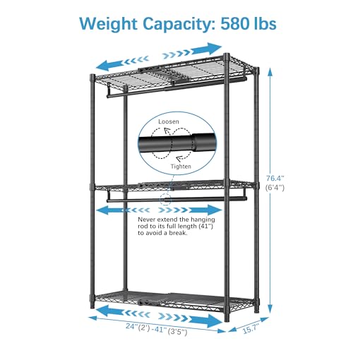 VIPEK X1 Expandable Clothes Rack Heavy Duty Adjustable from 2\' to 3\'5\" with Adjustable Shelves and Hanger Rods, Reach-in & Walk-in Closets Metal Garment Racks Portable Closet, Black - Thumbnail 6